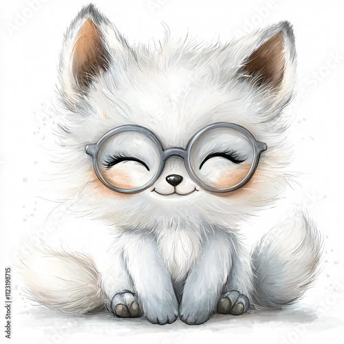 A cute, fluffy white fox with glasses, smiling happily, exuding a cheerful and playful vibe.