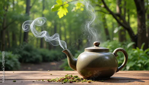 Steaming green teapot surrounded by herbs in a tranquil forest setting, detox theme photo