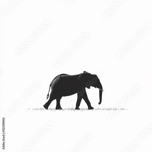 A solitary black elephant walks gracefully across a minimalist white backdrop, highlighting its majestic form and beauty.
