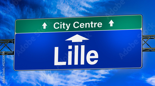 Road sign indicating direction to the city of Lille, France