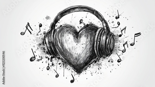 A black and white heart with headphones, accompanied by musical notes in a grungy artistic style, representing music's emotional impact and connection.