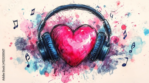 A vibrant heart wearing headphones surrounded by musical notes in a splash of watercolor, symbolizing love for music and emotional expression in art.