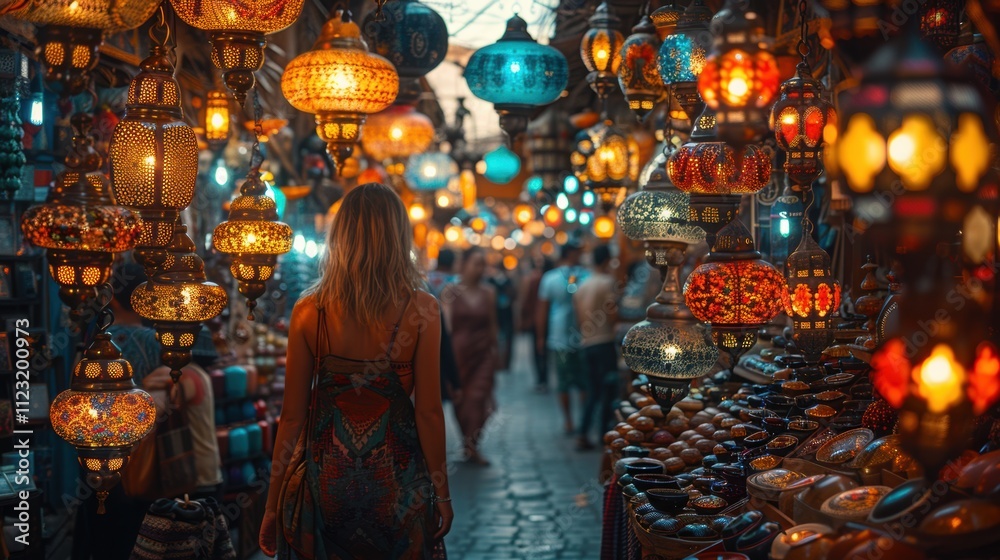 Naklejka premium Woman Exploring Vibrant Night Bazaar Colorful Lanterns Souvenirs Handicrafts