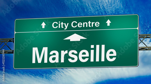 Road sign indicating direction to the city of Marseille, France