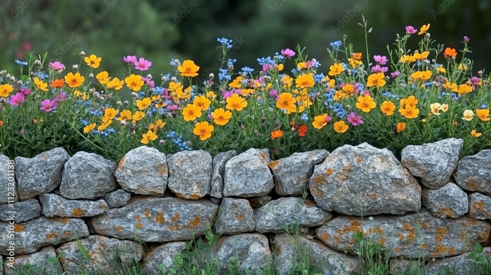 A colorful array of wildflowers blooms vibrantly atop a rustic stone wall, creating a delightful harmony between natural beauty and timeless artisanal craftsmanship. A colorful array of wildflowers blooms vibrantly atop a rustic stone wall, creating a delightful harmony between natural beauty and timeless artisanal craftsmanship.