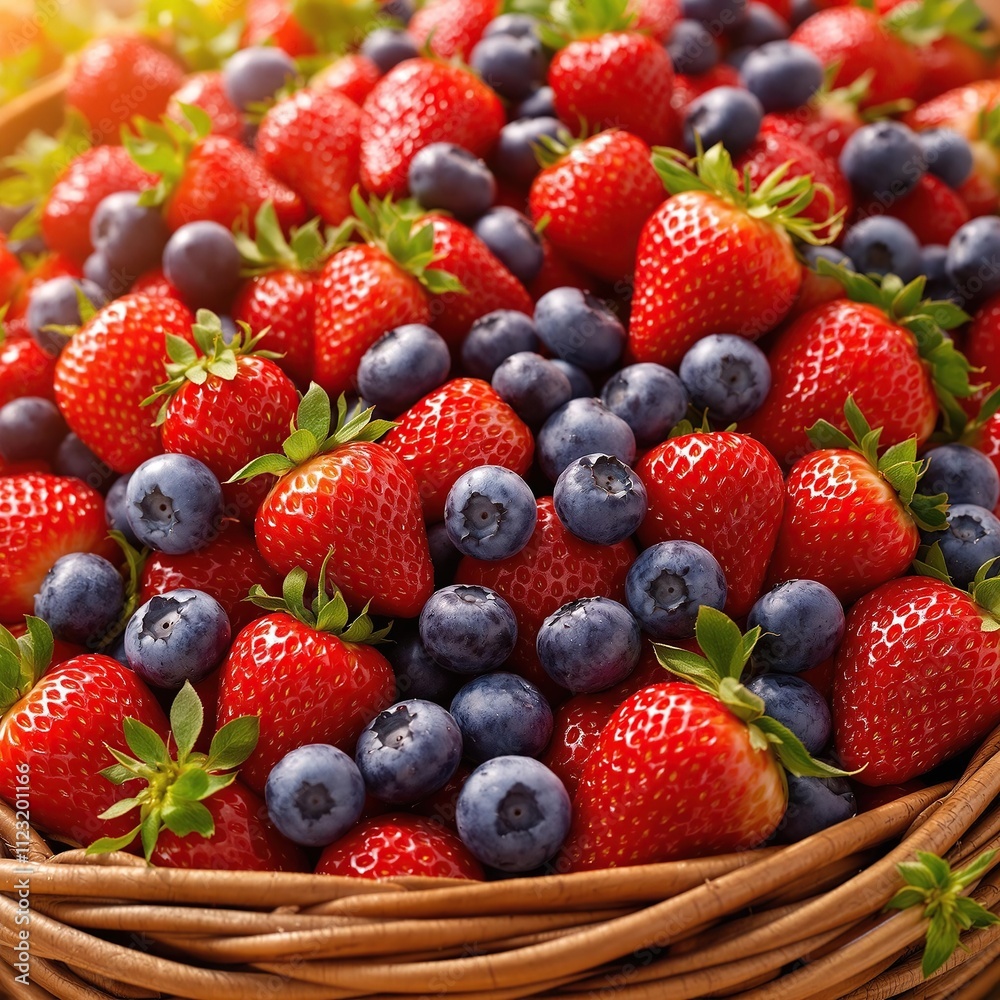 Obraz premium Close up of a juicy strawberry and blueberry mix in a rustic wicker basket, ripe, juicy