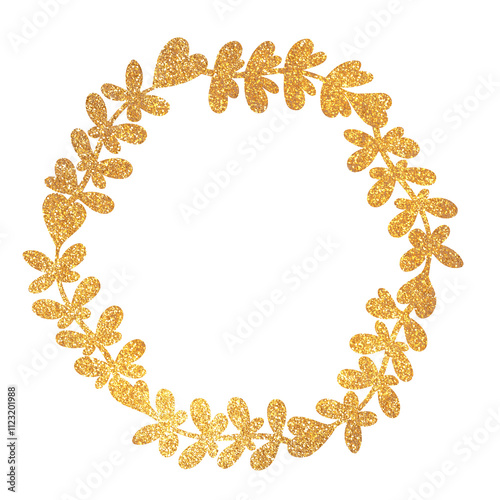 New Year or Christmas shiny golden wreath fluffy wreath in minimalist style on white background