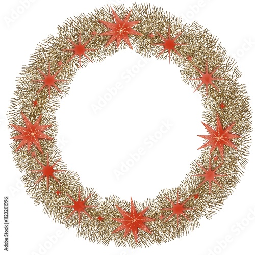 New Year or Christmas shiny fluffy wreath with gold stars on white background