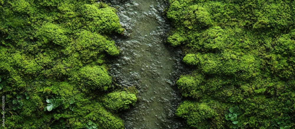 Obraz premium Lush green moss flanking a small creek.