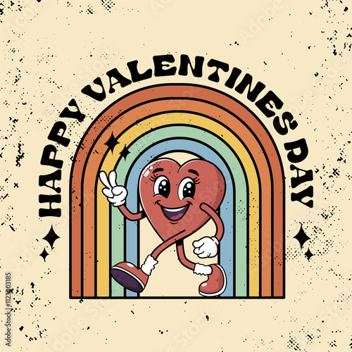 Vintage retro cartoon wind-up walking smiling heart mascot with rainbow. Trendy retro romantic mascot. Funny 70's comic style. Retro vintage valentine's day banner. Happy Valentine's Day.