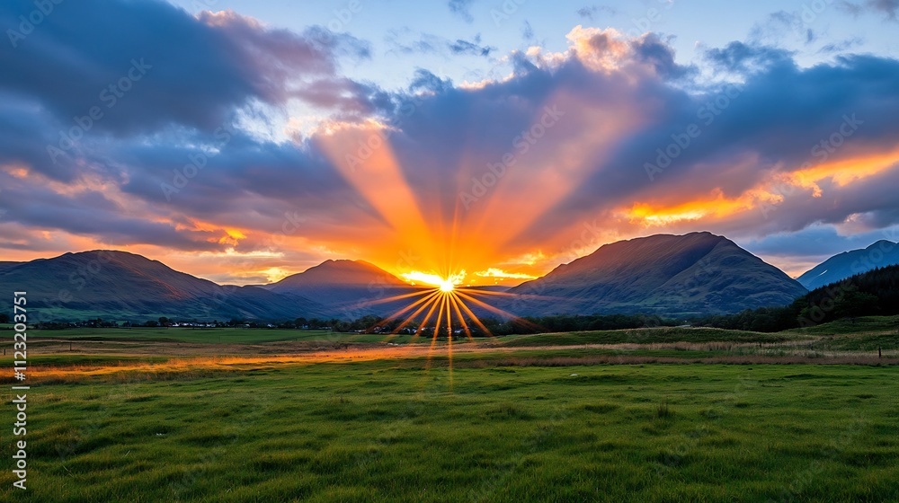 Obraz premium Breathtaking Sunset Landscape with Beams of Light Peeking Over Distant Mountains