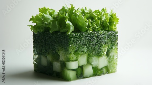 A cubic shape composed of fresh green vegetables, including layers of broccoli, lettuce, and cucumber, presents a playful and artistic take on food presentation. photo