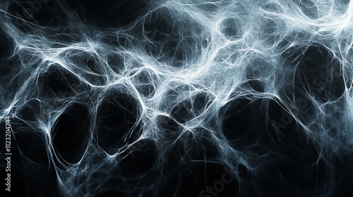 A complex and detailed image depicting a mesmerizing network of white spiderwebs against a stark dark background, symbolizing connectivity and intrigue. photo