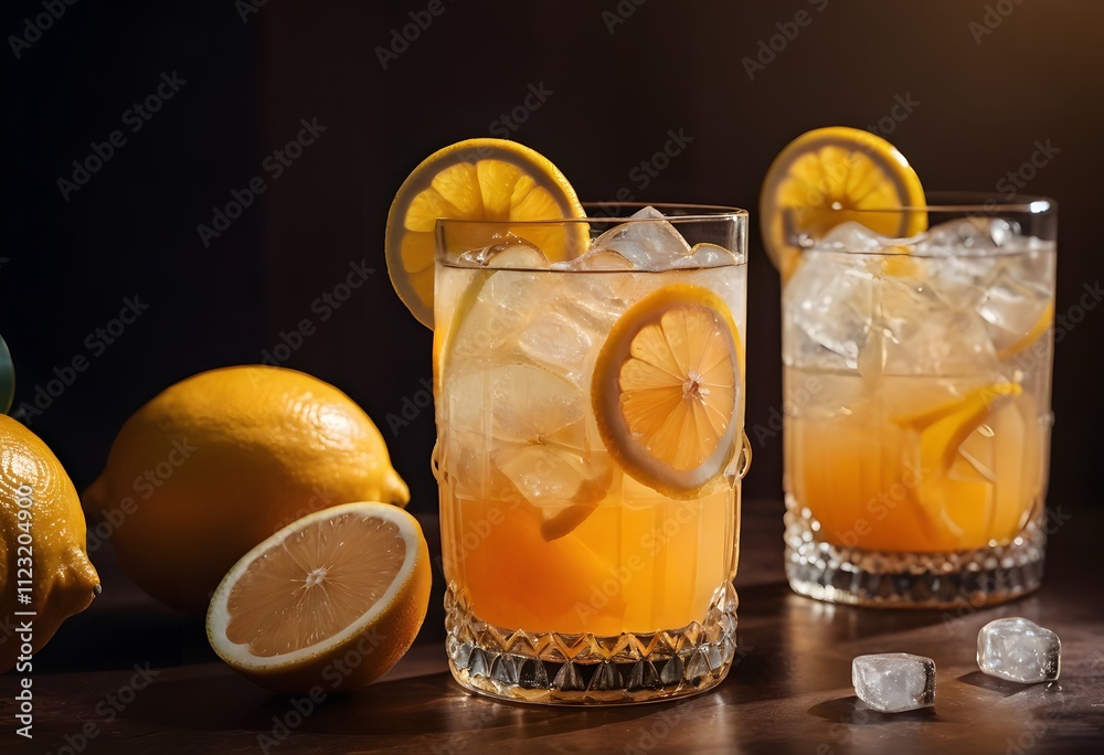 Fototapeta premium chilled lemonade with ice cubes and lemon slices, set on a table, ideal for a refreshing drink, ai.