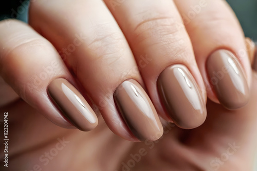 Female hand with trendy manicure in mocha mousse color.