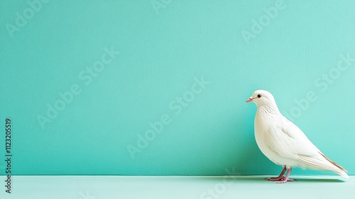 White bird standing on a light teal surface with a smooth background and minimalistic composition during daylight photo