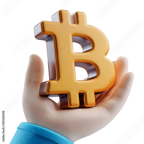 3D Bitcoin Icon Held in a Blue Suited Hand on Minimalist White Background