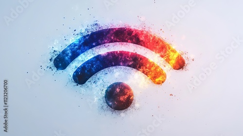 A digitally created artistic representation of a wifi symbol stands out with vibrant rainbow colors and splatter effects, symbolizing modern connectivity and creativity. photo