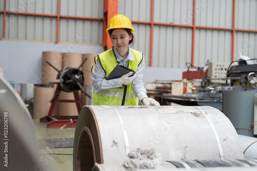 Asian woman worker inspecting quality rolls of galvanized or metal sheet. Woman worker working in warehouse of rolls stainless steel