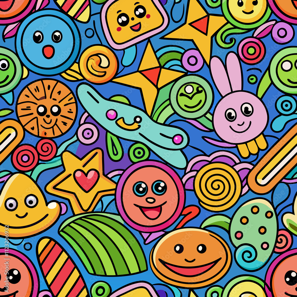 Naklejka premium Colorful seamless pattern with cute cartoon characters and shapes.