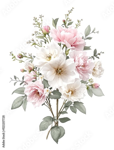 intricate floral arrangement on a white background , elegant floral design, floral design repeat, delicate flower art