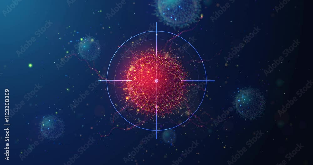 Abstract animation with targeting cancer cell made of glowing neon particles. Cancer cell screening and disease treatment animated medical concept on blue background