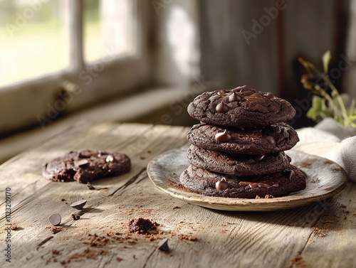 Freshly baked chocolate cookies with a crispy edge and gooey center, loaded with rich chocolate chunks. Perfect for dessert, snacks, or gifting. Indulge in homemade goodness with every bite photo