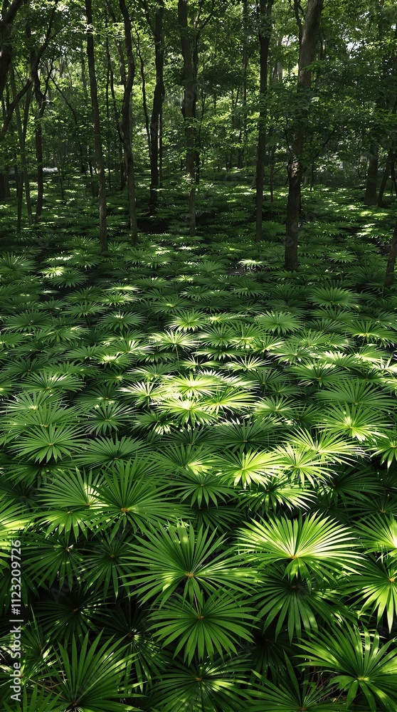 Obraz premium Palm fronds arranged in a circular formation on the forest floor, forest scene, outdoor setting, scenery, nature landscape, leafy plants