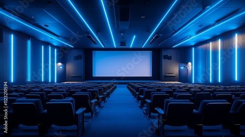 A contemporary cinema auditorium with empty seats is bathed in blue lighting, highlighting a big screen, evoking anticipation and excitement for moviegoers. photo