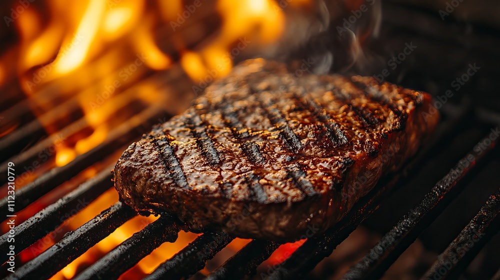 A mouthwatering steak is sizzling over an open flame grill, capturing the intensity of cooking as flames and smoke enhance its savory aroma and appearance. A mouthwatering steak is sizzling over an open flame grill, capturing the intensity of cooking as flames and smoke enhance its savory aroma and appearance.