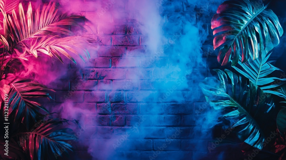 Fototapeta premium Tropical leaves, neon lights, smoke, brick wall background.