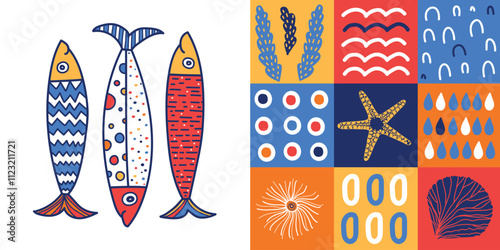 Cute sardine. Sea cards and posters collection for kids. Cartoon fish. Hand drawn illustration. Ideal for greeting cards, t-shirts design, decor for nursery.