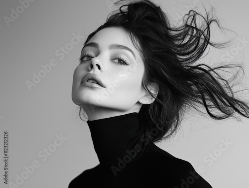 Black and white fashion art studio portrait of beautiful elegant woman in black turtleneck. Hair is collected in high beam. Elegant ballet style 