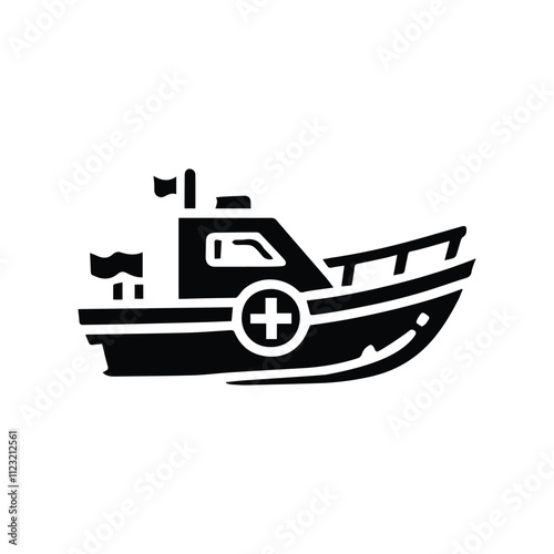 rescue boat icon, boat on water, black silhouette on transparent background, vector