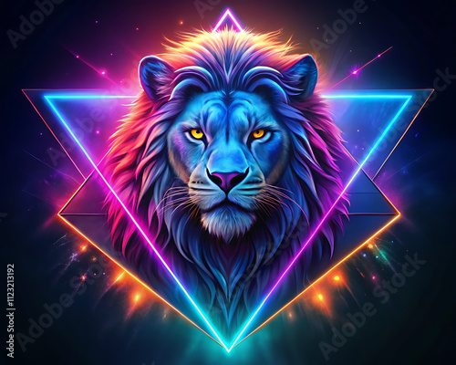 A majestic lions head, rendered in vibrant neon colors, is framed by a glowing triangle against a cosmic backdrop. Synthwave style, digital art. Powerful and artistic.