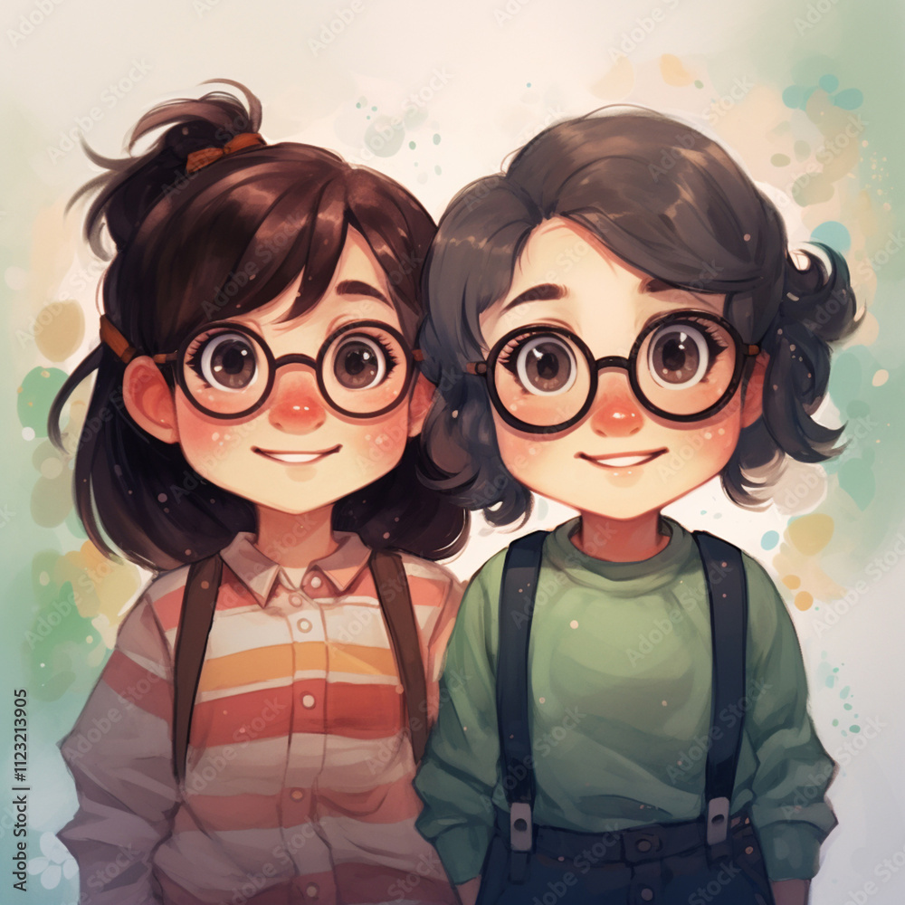 two girls schoolgirls cartoon style,.