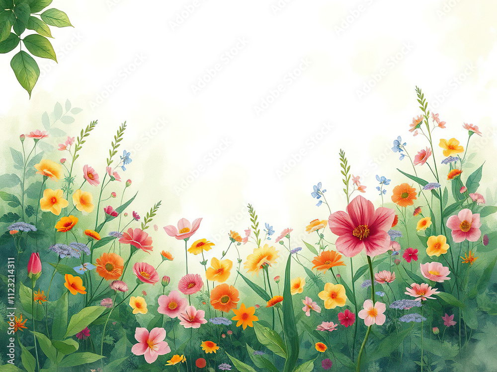 Fototapeta premium watercolor stained background with lush green plants and colorful flowers, outdoor, greenery, floral patterns