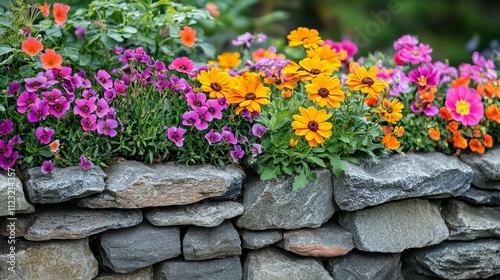 A variety of vividly colored flowers including purple, orange, and pink bloom luxuriantly atop a sturdy stone wall, creating a picturesque garden scene. photo