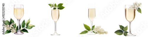 Refreshing sparkling elderflower drink served in a elegant glass with fresh elderflower blooms and green leaves creating a natural botanical and celebratory atmosphere