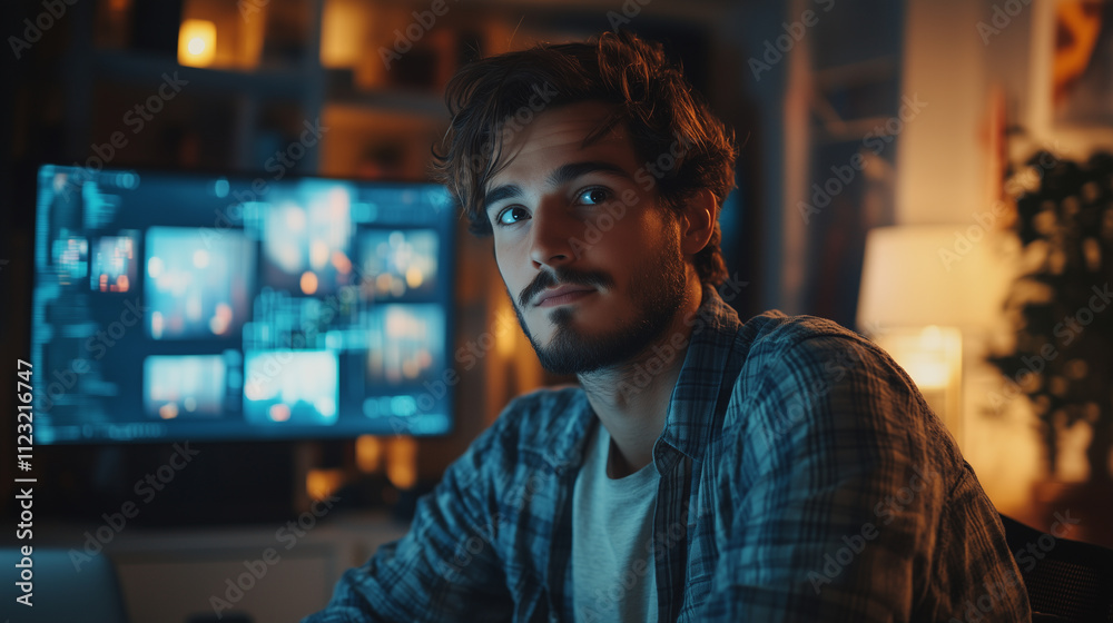 Fototapeta premium A thoughtful programmer working late in a warm, ambient-lit room with multiple screens displaying vibrant digital content. The reflection of data on the glasses adds a futuristic and tech-driven vibe.