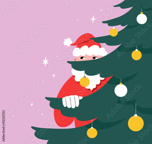 Santa Claus hiding behind a festive Christmas tree. Secret Santa playful vector flat illustration with twinkling stars on background. Visual for social media, banner