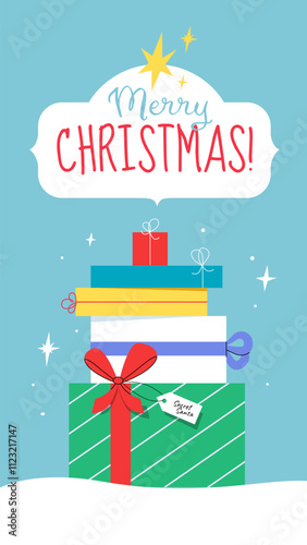 Merry Christmas. Vertical template with a colorful stack of Christmas presents decorated with tied ribbons and Secret Santa text on a tag. Winter vector illustration