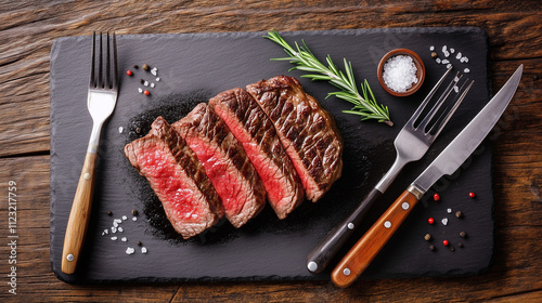 Tender Medium-Rare Beef Steak on Slate Plate with Cutlery
