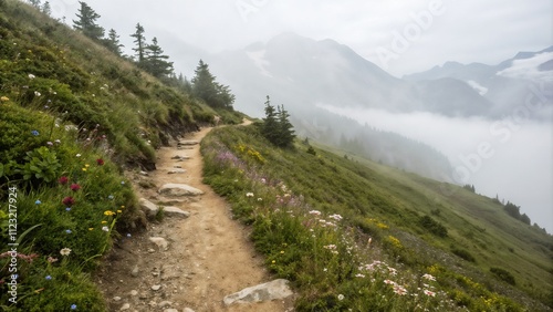 Mountain path surrounded by wildflowers and misty landscape