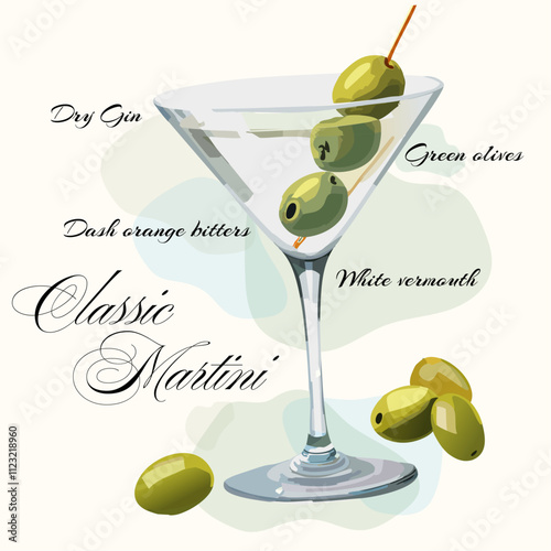 Martini Cocktail Flat design. Summer Cocktail Drink Vector Illustration