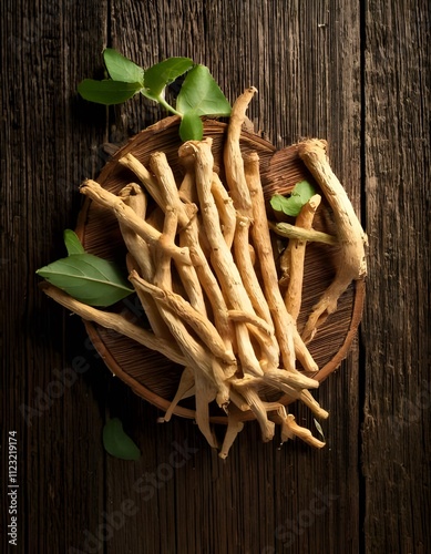 Fresh ashwagandha roots on a rustic wooden table