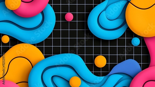 Vibrant Retro Futuristic Digital Wallpaper with Neon Grid Patterns and Abstract Shapes photo