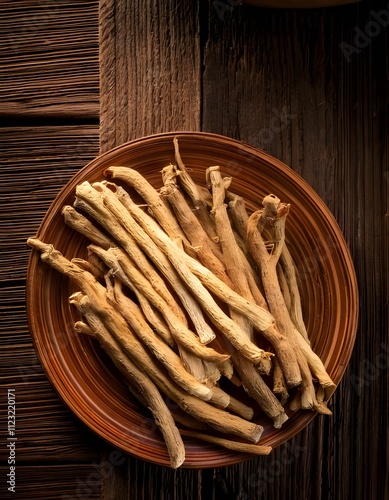 Fresh ashwagandha roots on a rustic wooden table