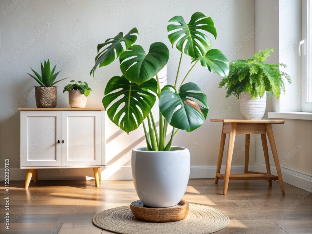 Fototapeta premium Serene Monstera Green Plant in White Pot Enhancing Neutral Decor in Modern Home Interior Setting for Stylish Living Space Inspiration