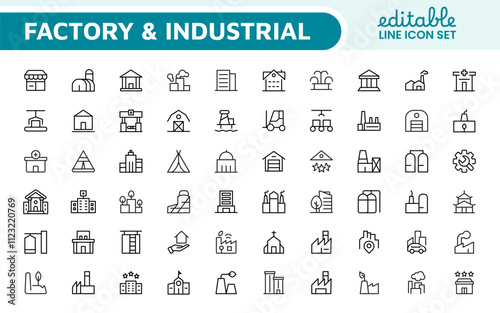 Factory Icon Set. A dynamic collection of icons representing manufacturing and industrial processes, perfect for engineering sectors to convey efficiency and innovation.